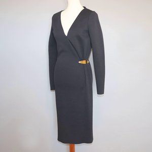 Lanvin Dress 38 Navy Gold Cinch Twist Side Raw Hem River Collection Small Medium